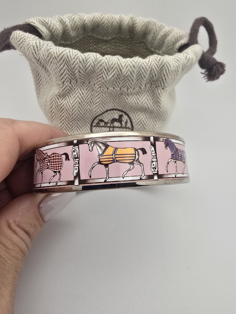 Rare Authentic Hermes Pink Enamel Horse Motif Bangle with White Trim